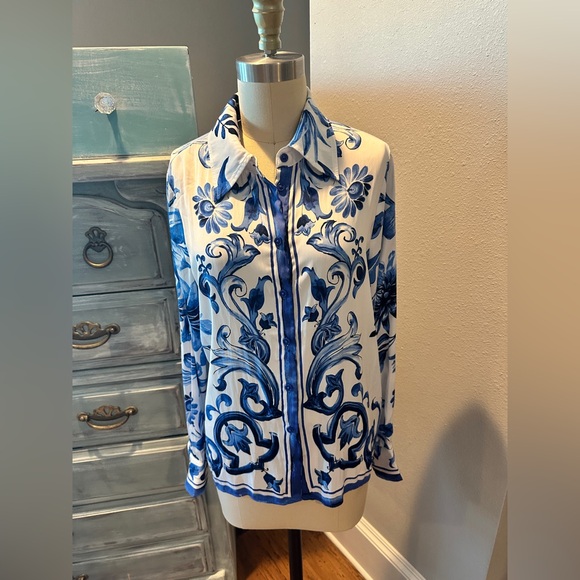 Rachel Zoe Tops - Rachel Zoe Silky Royal/Cream Baroque Floral Print Blouse